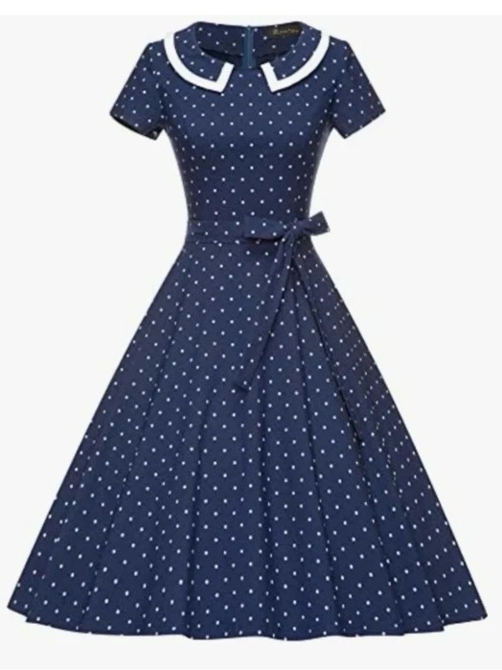 Classic Navy Polka Dot Maxi Dress with White Collar